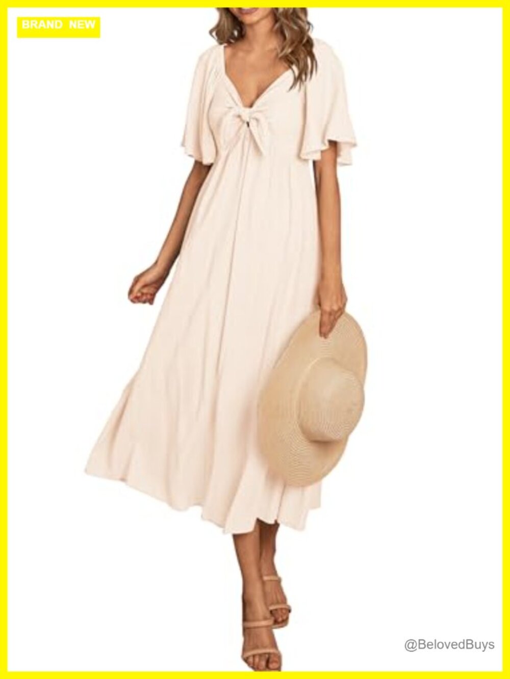 Womens Summer Bow Tie V Neck Midi Dress Flowy A-Line Casual Vacation
